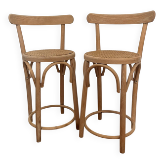 Pair of high chairs, curved wood and caning.