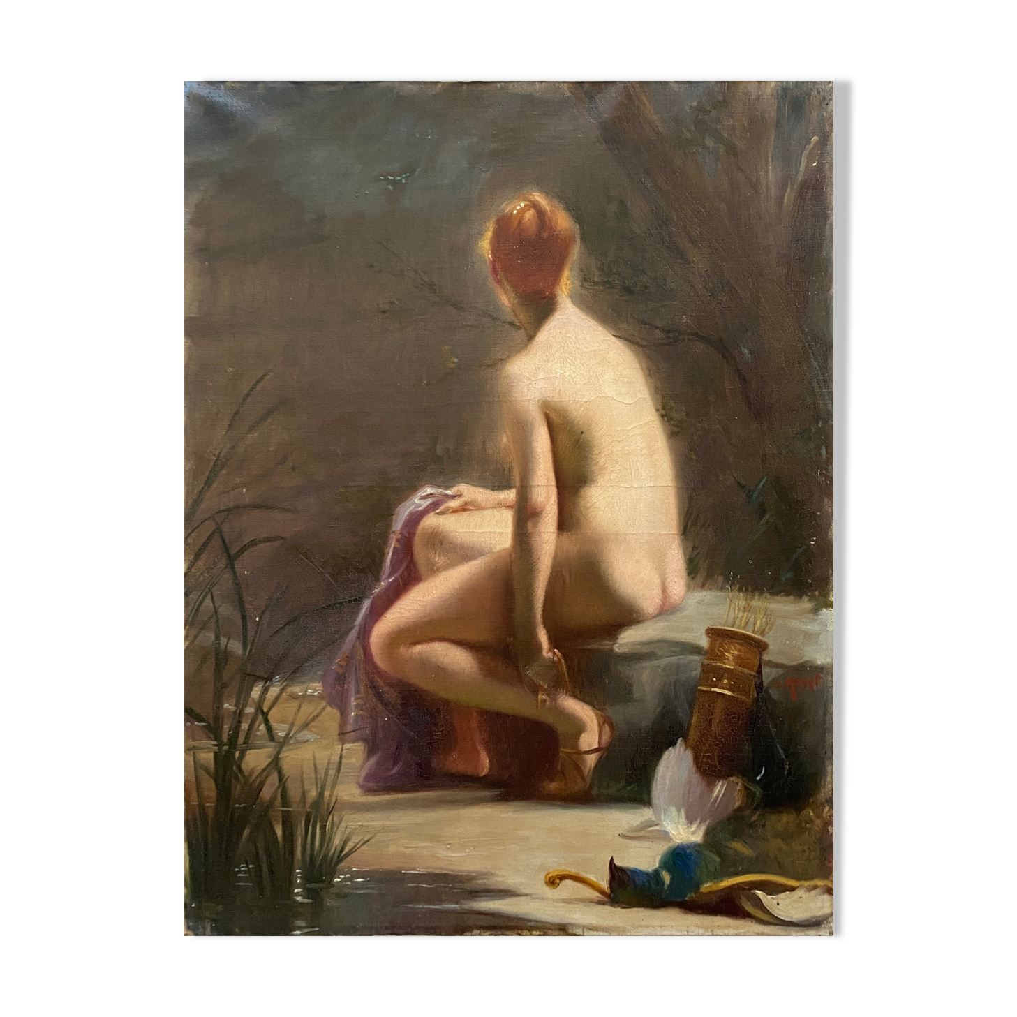 HST painting "Diana at the bath" Nude back signed early twentieth century