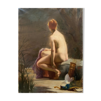 HST painting "Diana at the bath" Nude back signed early twentieth century