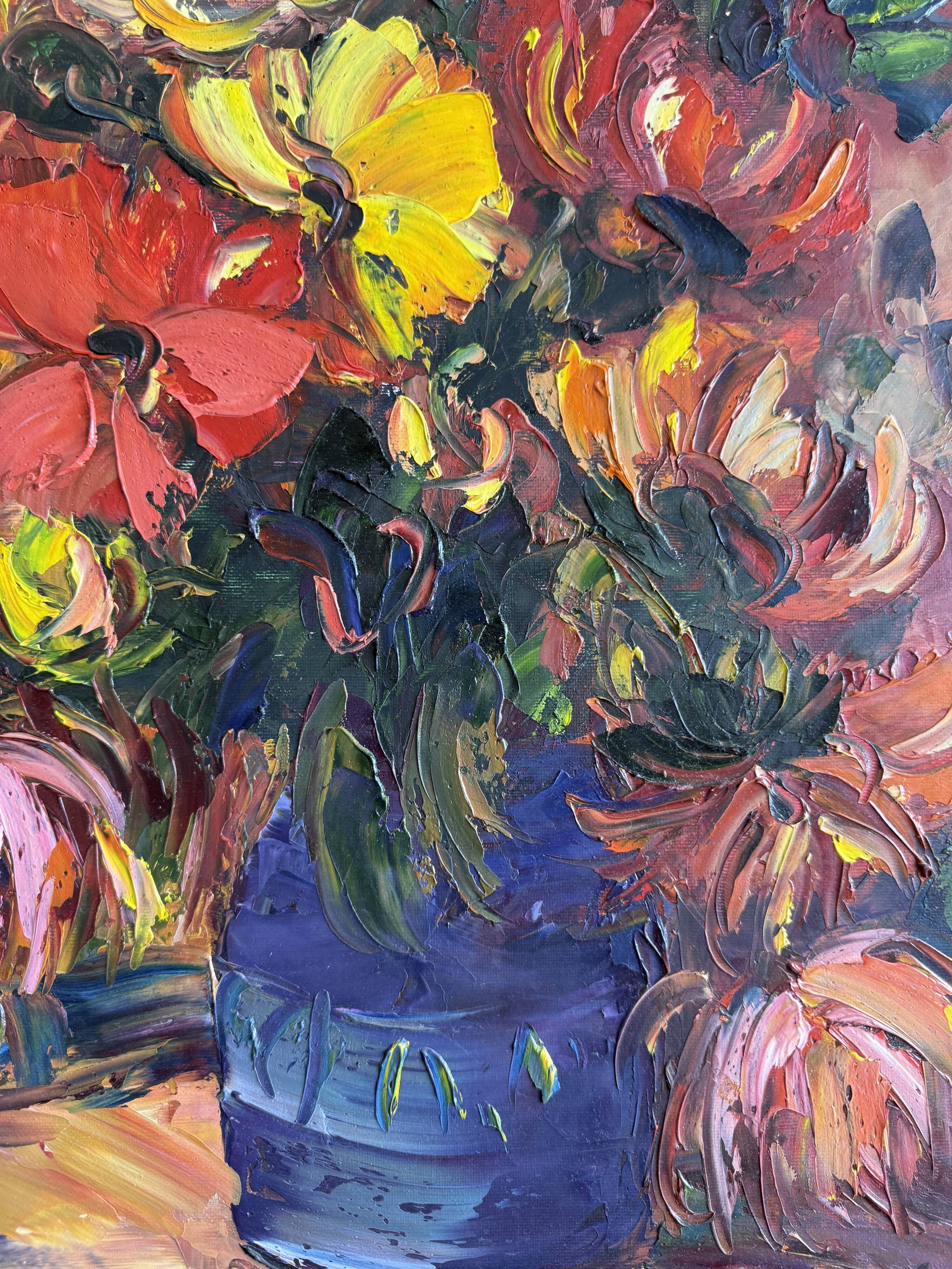 Oil on canvas expressionist colourful flowers in a blue vase.