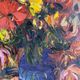 Oil on canvas expressionist colourful flowers in a blue vase.