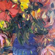 Huile sur toile expressionniste fleurs colorées dans un vase bleu