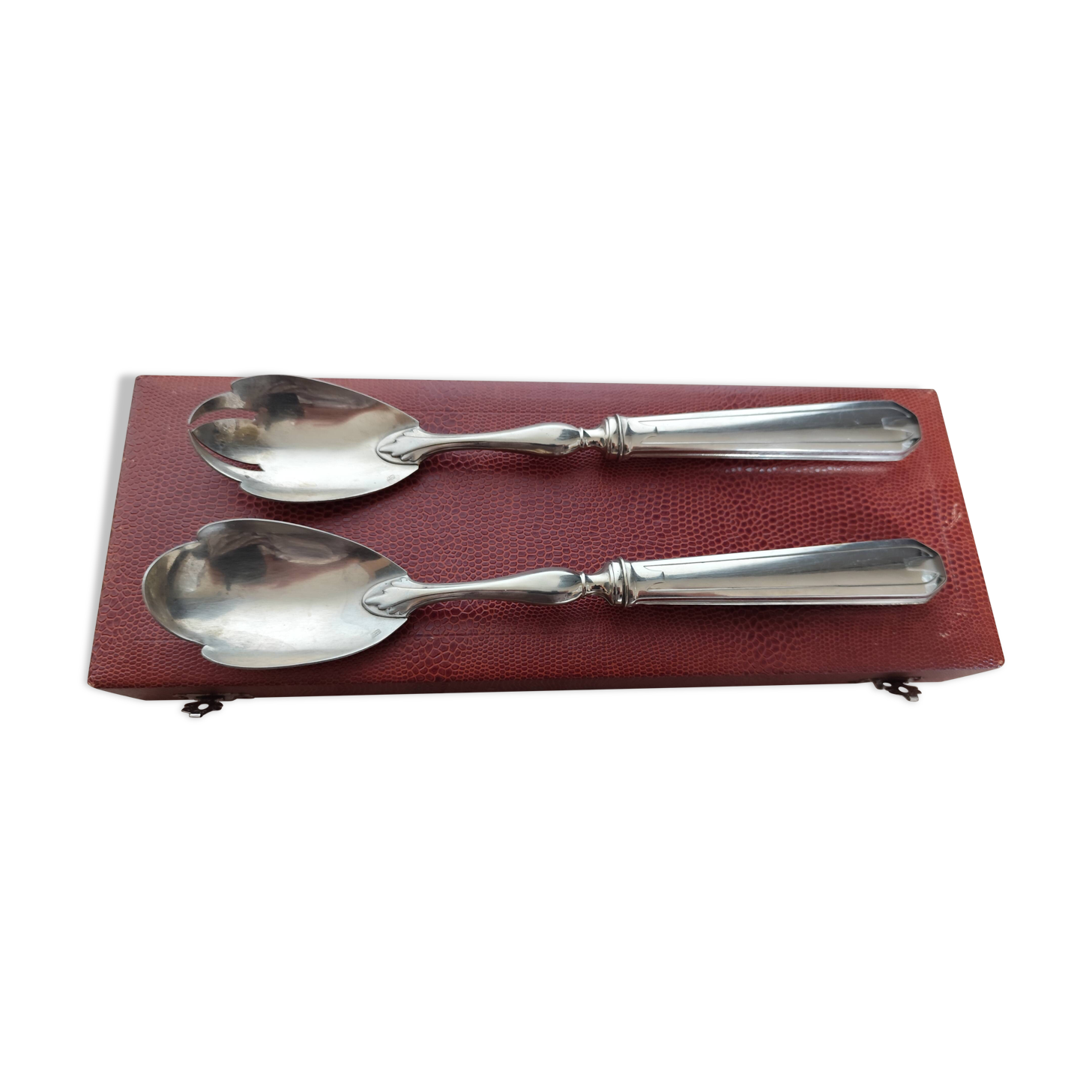 Silver-plated metal salad serving spoons in their vintage case