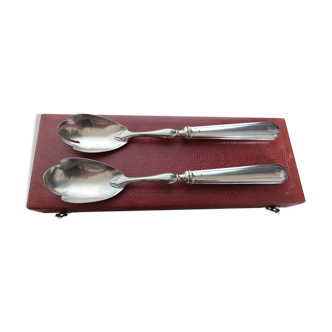 Silver-plated metal salad serving spoons in their vintage case