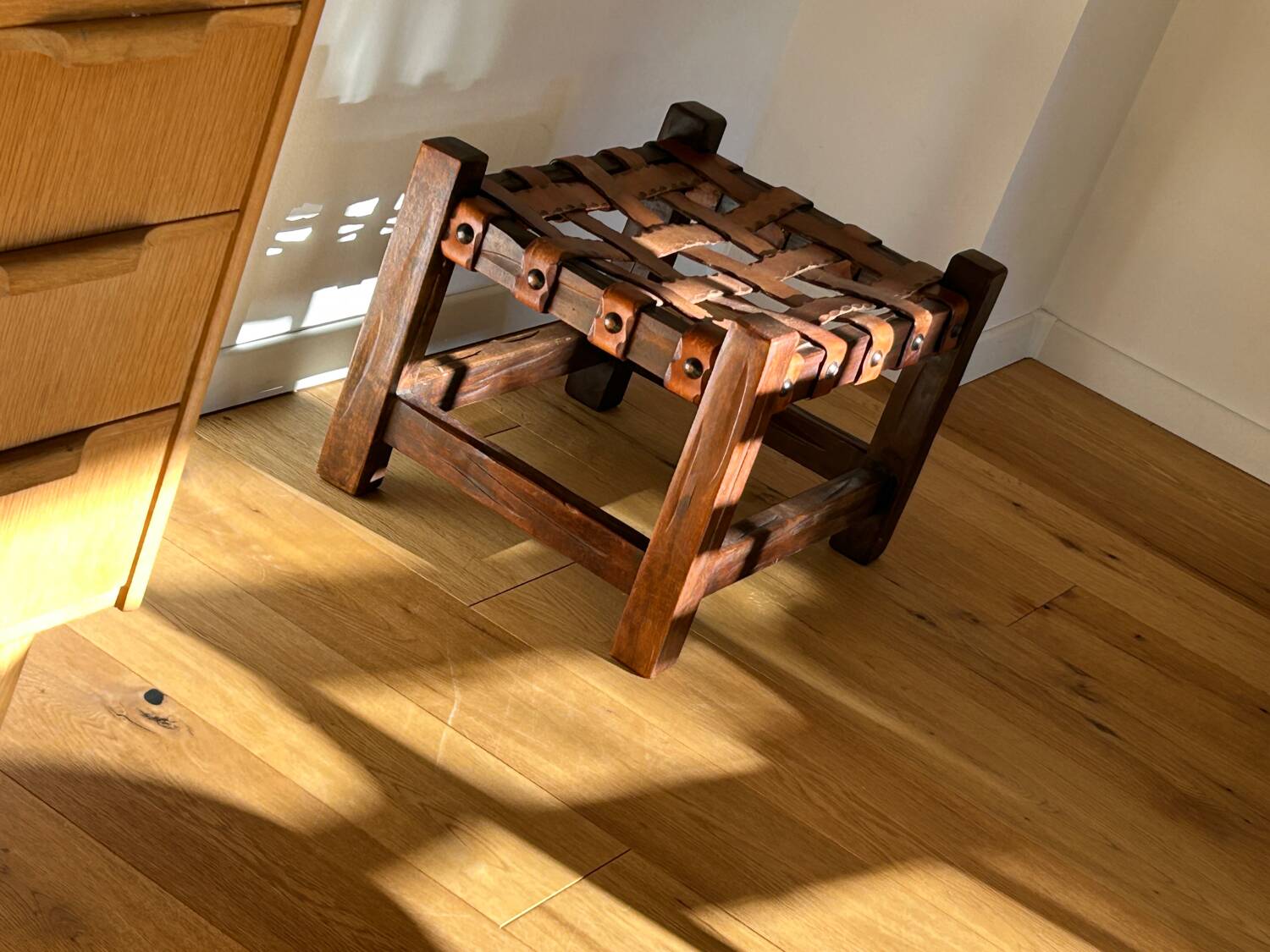 Wooden Brazilian Brutalist Leather Foot Stool Pouf