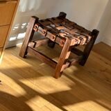 Wooden Brazilian Brutalist Leather Foot Stool Pouf