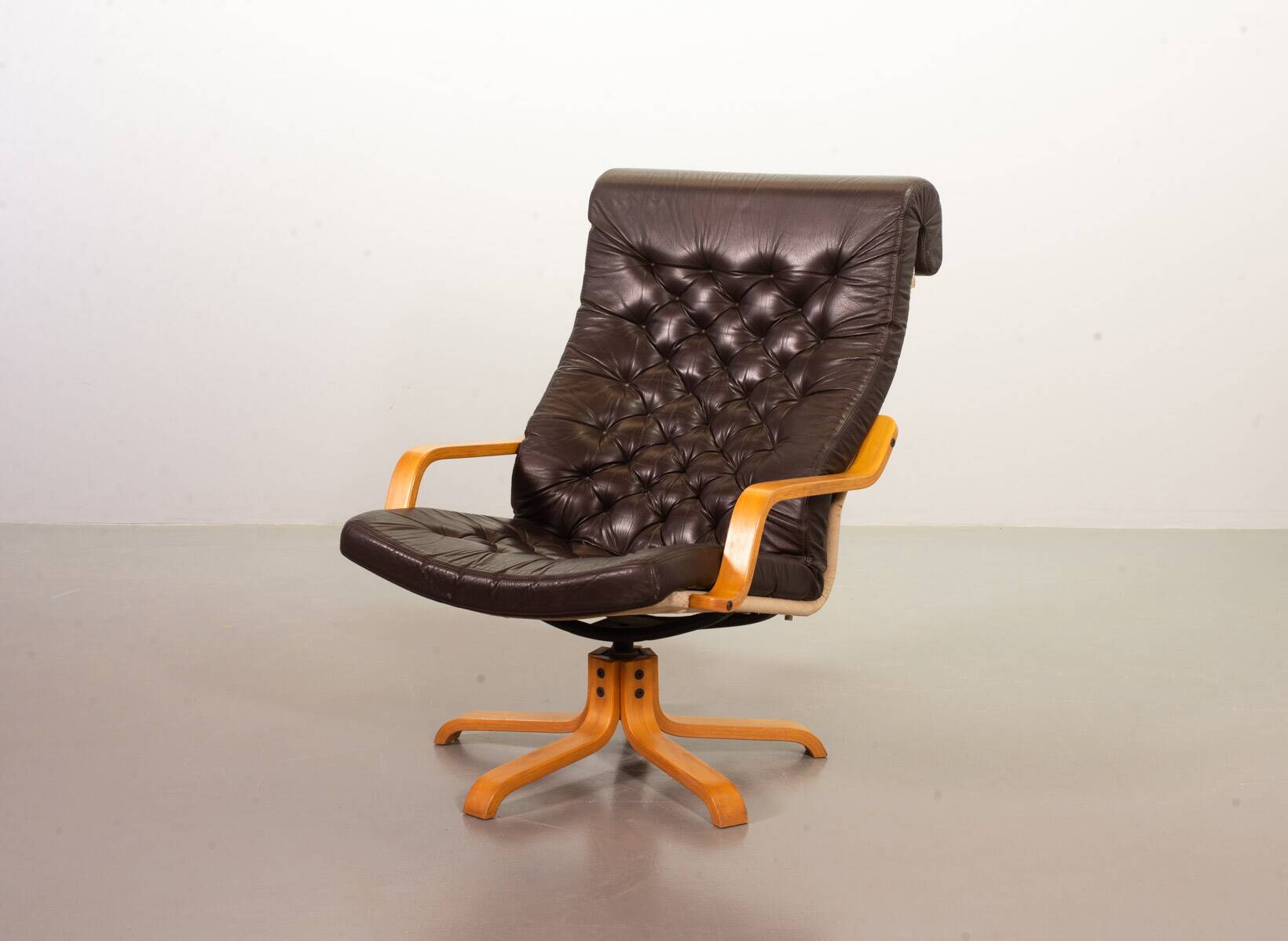 Noboru Nakamura Design Chocolate Brown Padded Leatherette Swivel Chairs 70s