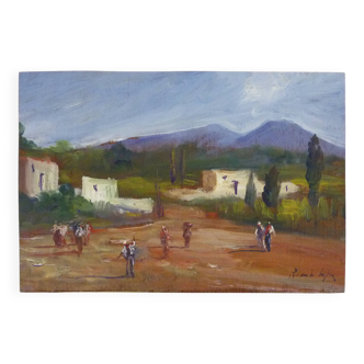 Oil on wood by Riccardo Capone Village Italy 50s 60s