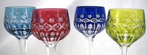 Saint Louis Traminer 4 glasses Rhin Roemer crystal, signed colour, excellent condition.