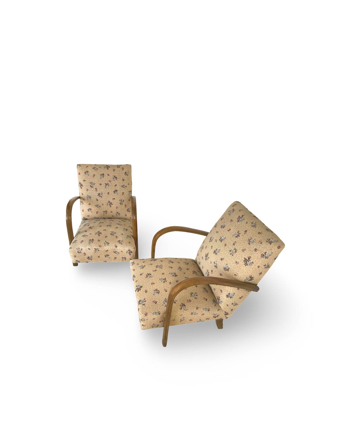 Ensemble de fauteuils Art Déco avec accoudoirs en hêtre arqués.