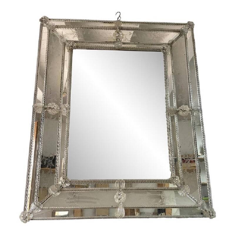 Venetian Rectangular Floreal Hand-Carving Wall Mirror in Murano Glass Style
