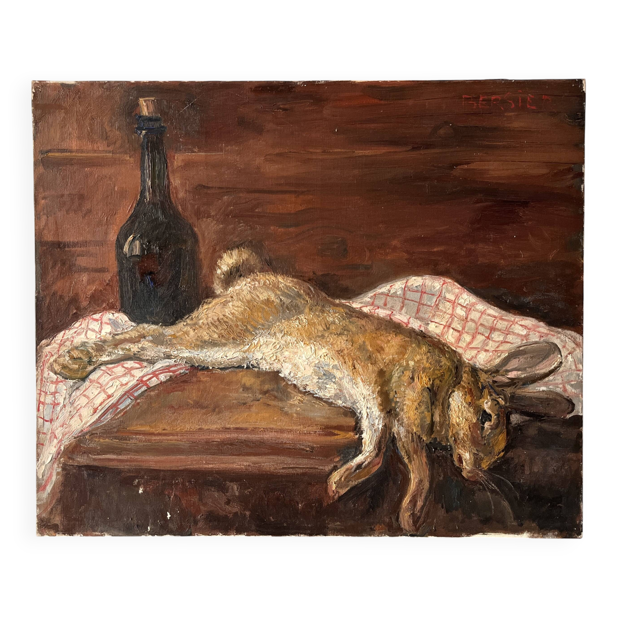 Oil painting on canvas of a still life with a hare circa 1950