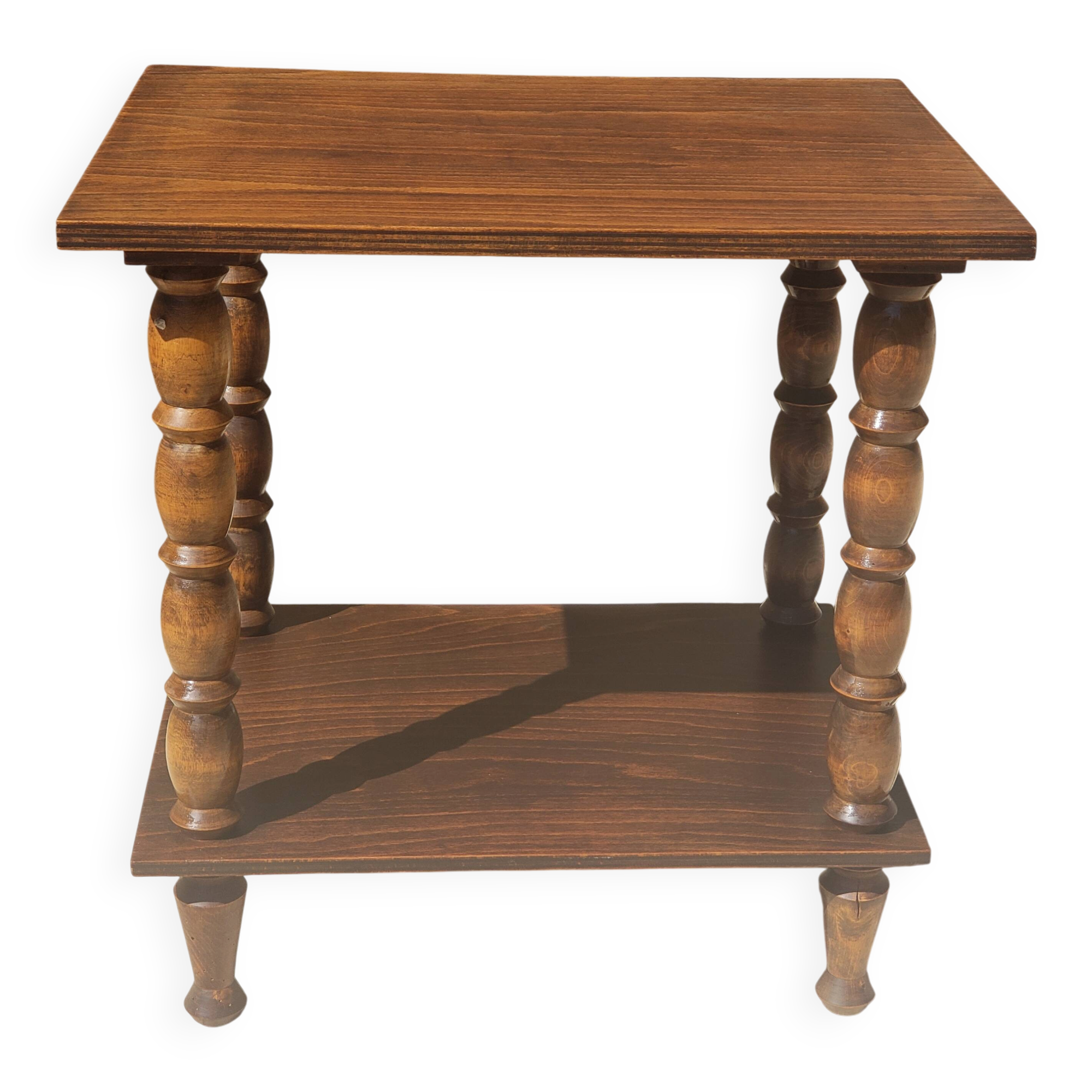 Vintage wooden console side table with turned legs.