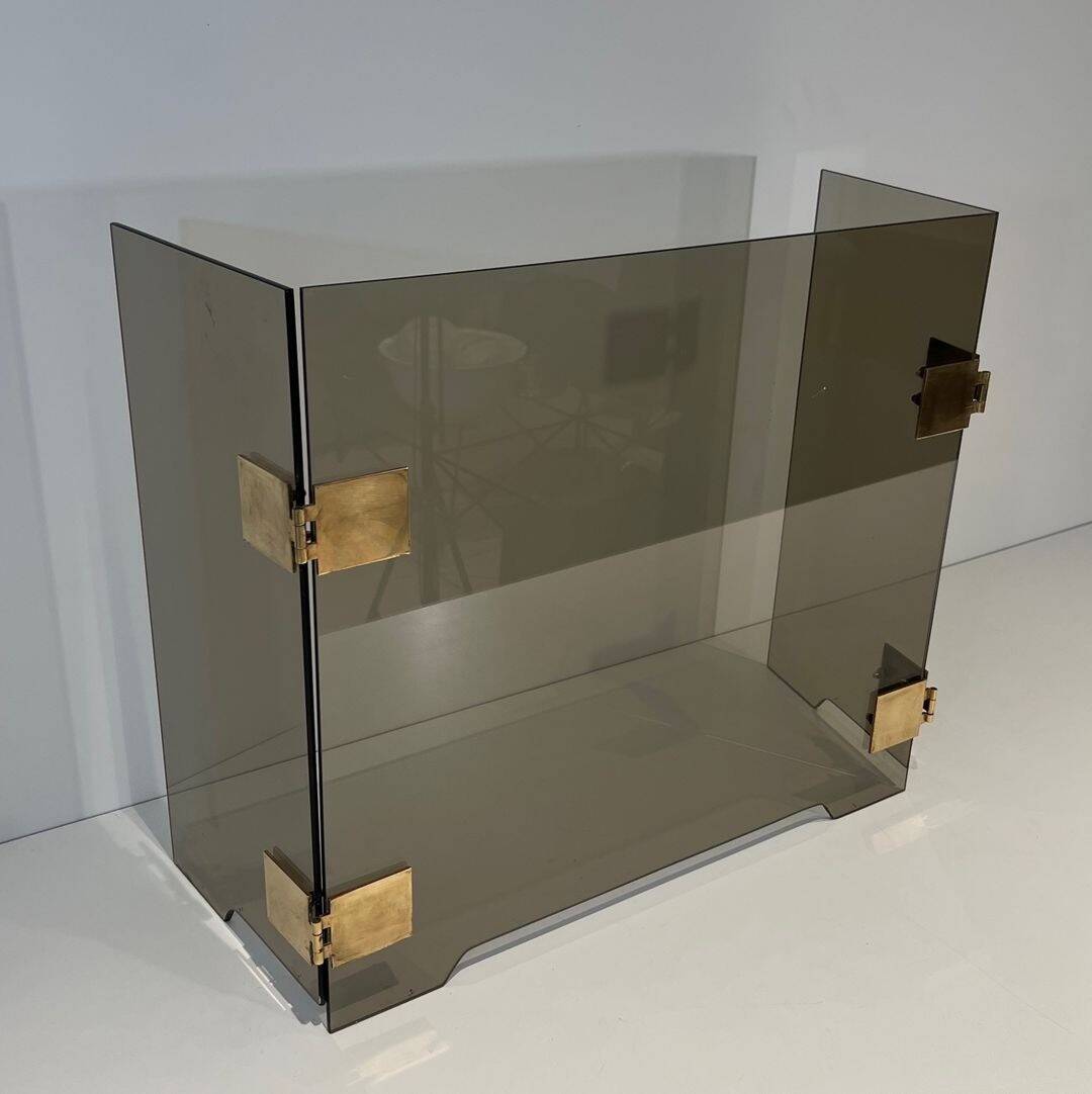 Three-Panel Folding Fire Screen in Smoked Glass with Polished Brass Hinges,