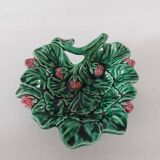 Vintage Majolica Strawberry Leaf Shaped Dish Ceramic Green Red