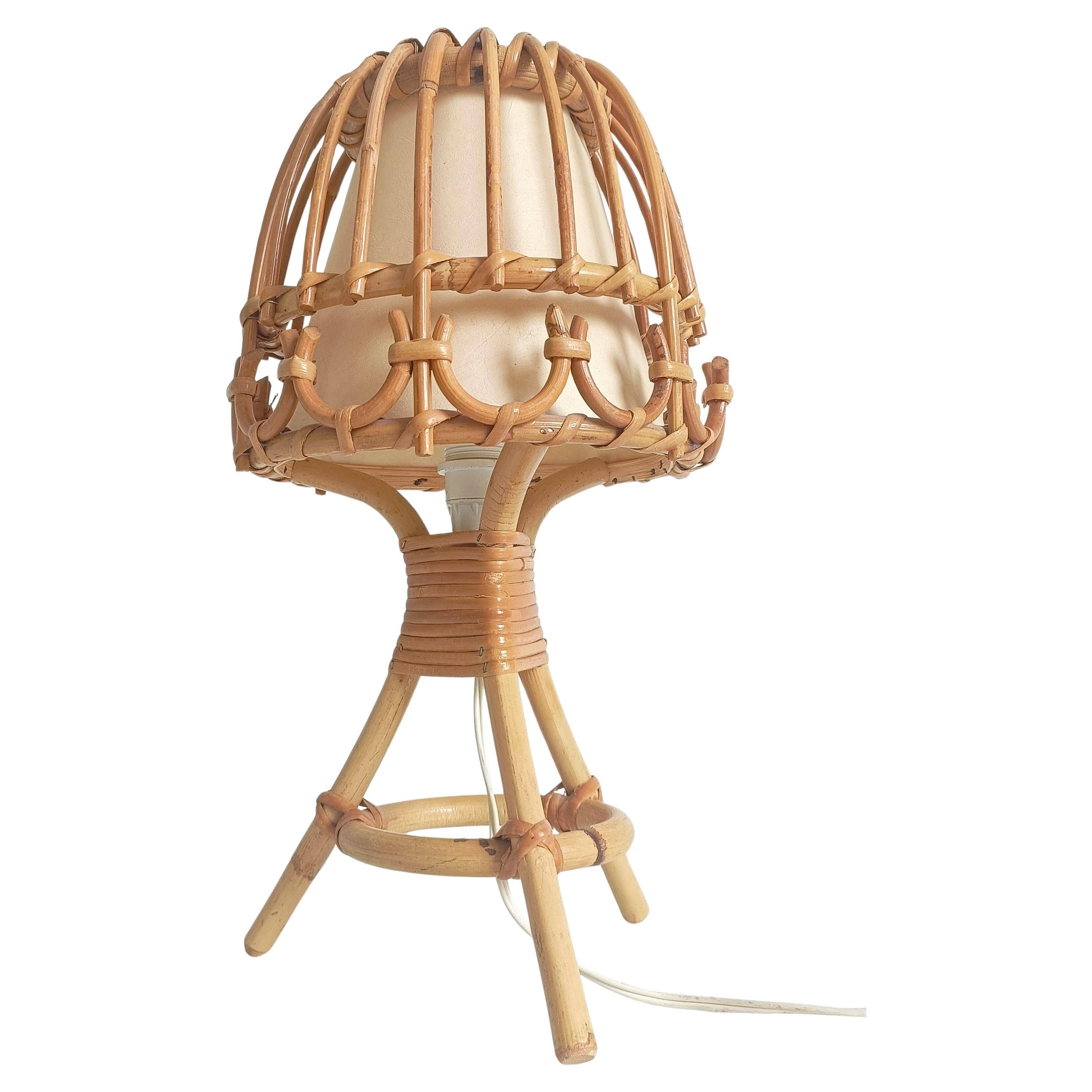 Midcentury Bamboo and Rattan Table Lamp, Attributed to Louis Sognot