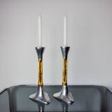 Pair of Brutalist candlesticks by David Marshall, bronze and aluminum, Spain, 1970