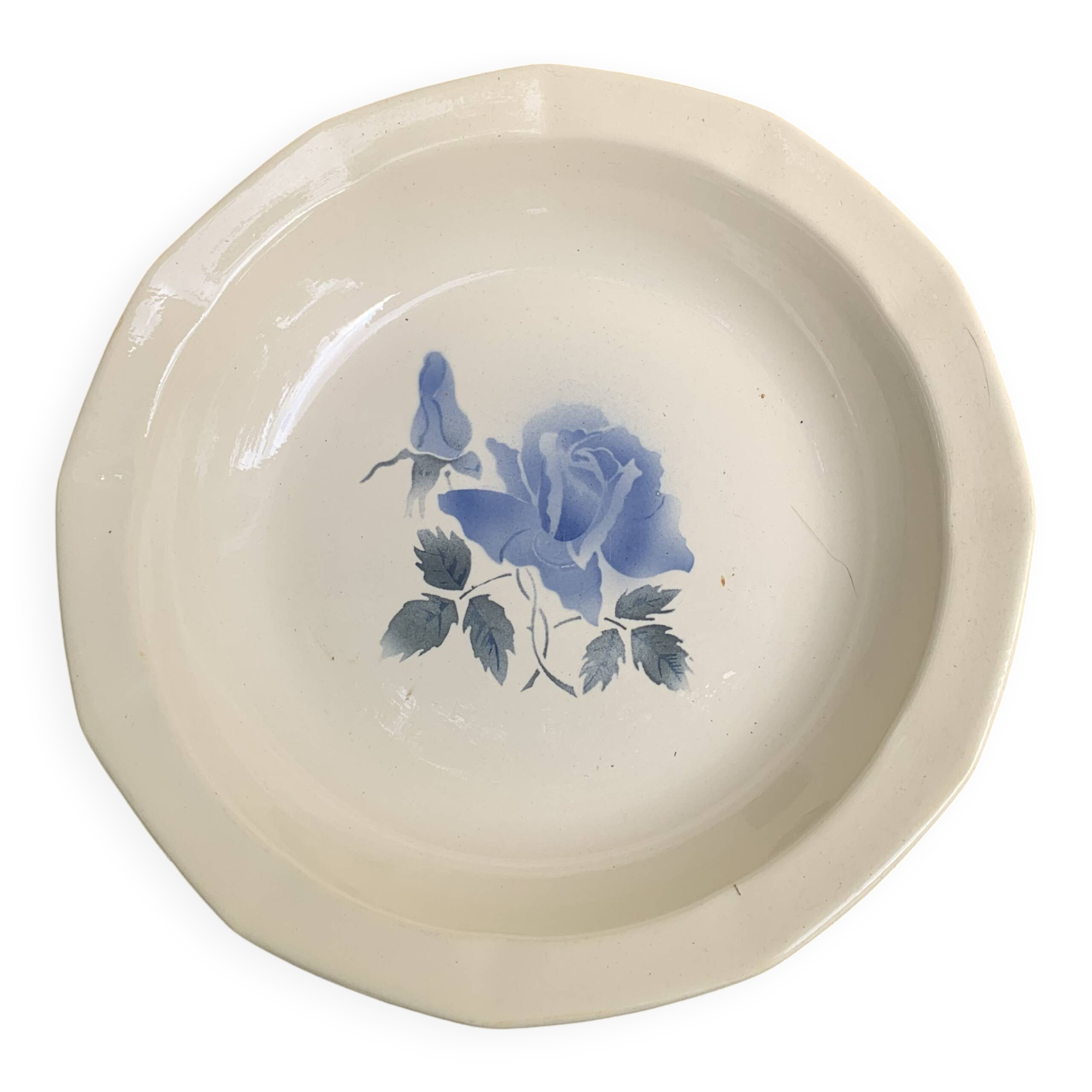 Hollow dish with blue rose motif, octagonal, vintage Digoin