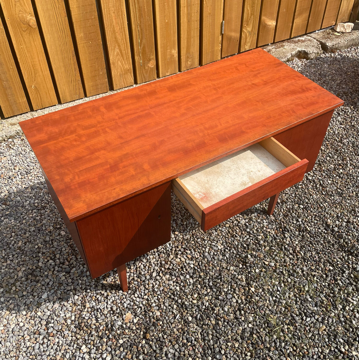 Vintage wooden desk teak veneer sixties conical legs 1 drawer