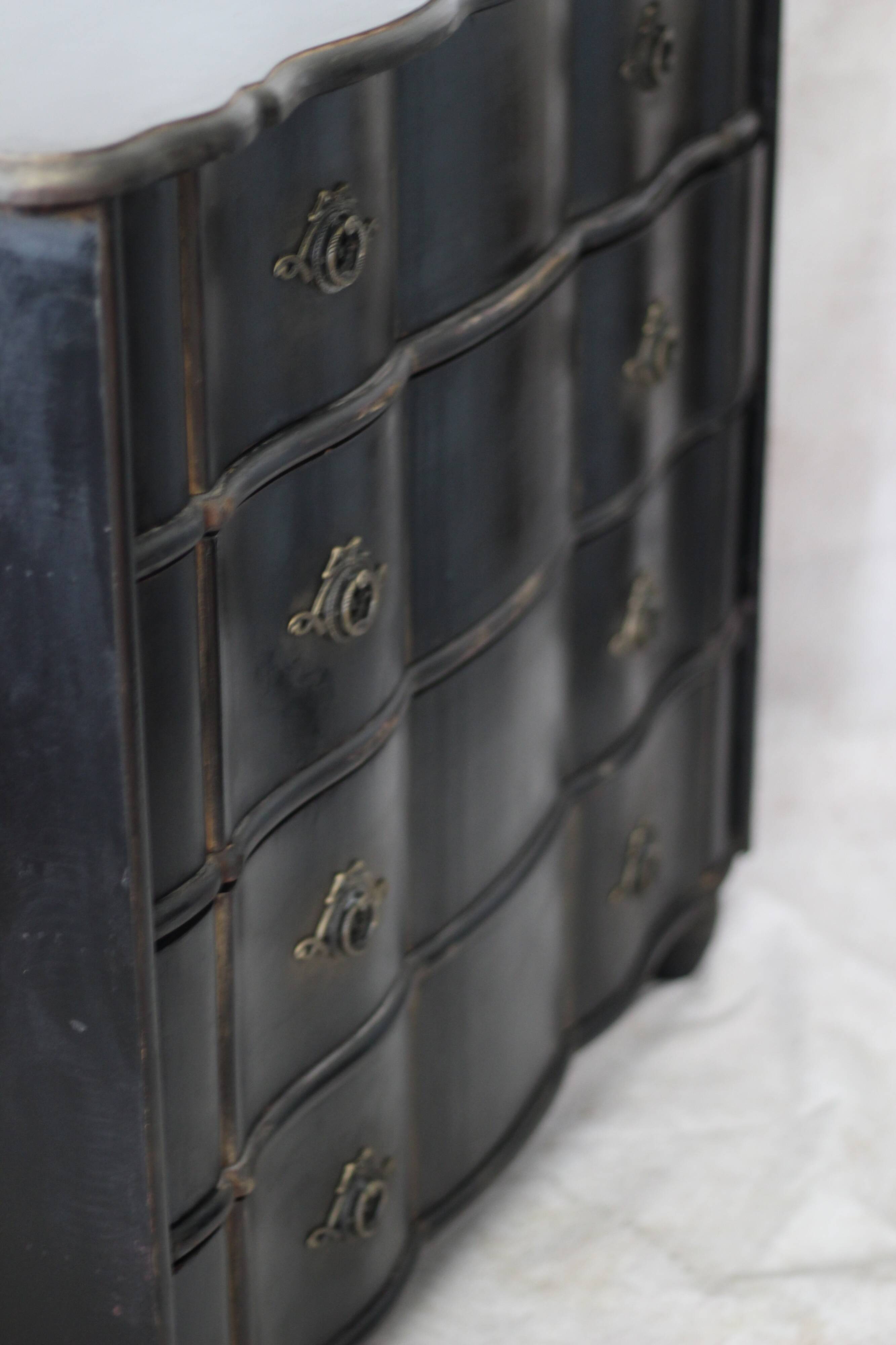 Victorian style black patinated crossbow chest of drawers