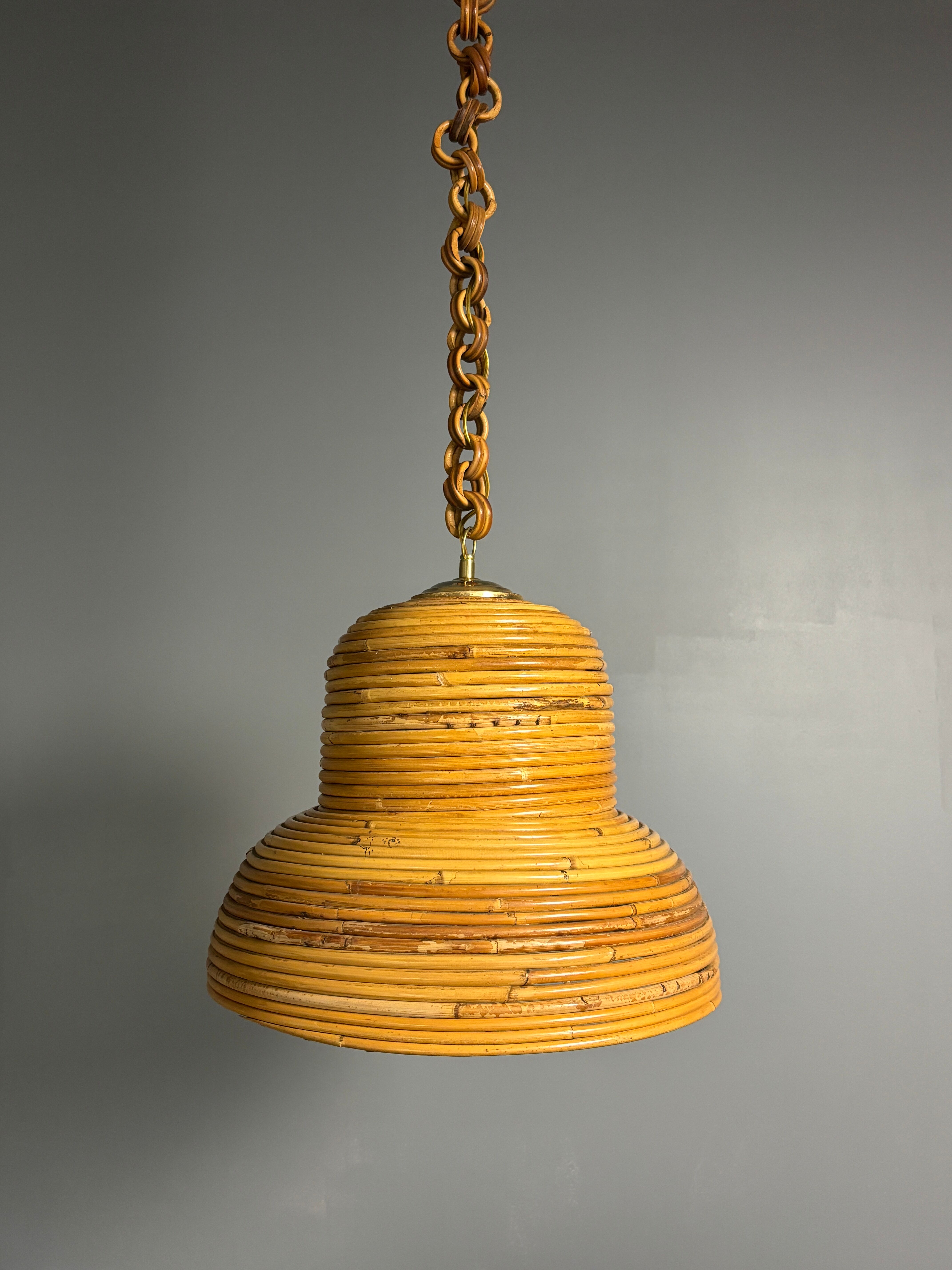 Midcentury Italian pencil reed rattan bamboo and brass hanging lamp pendant