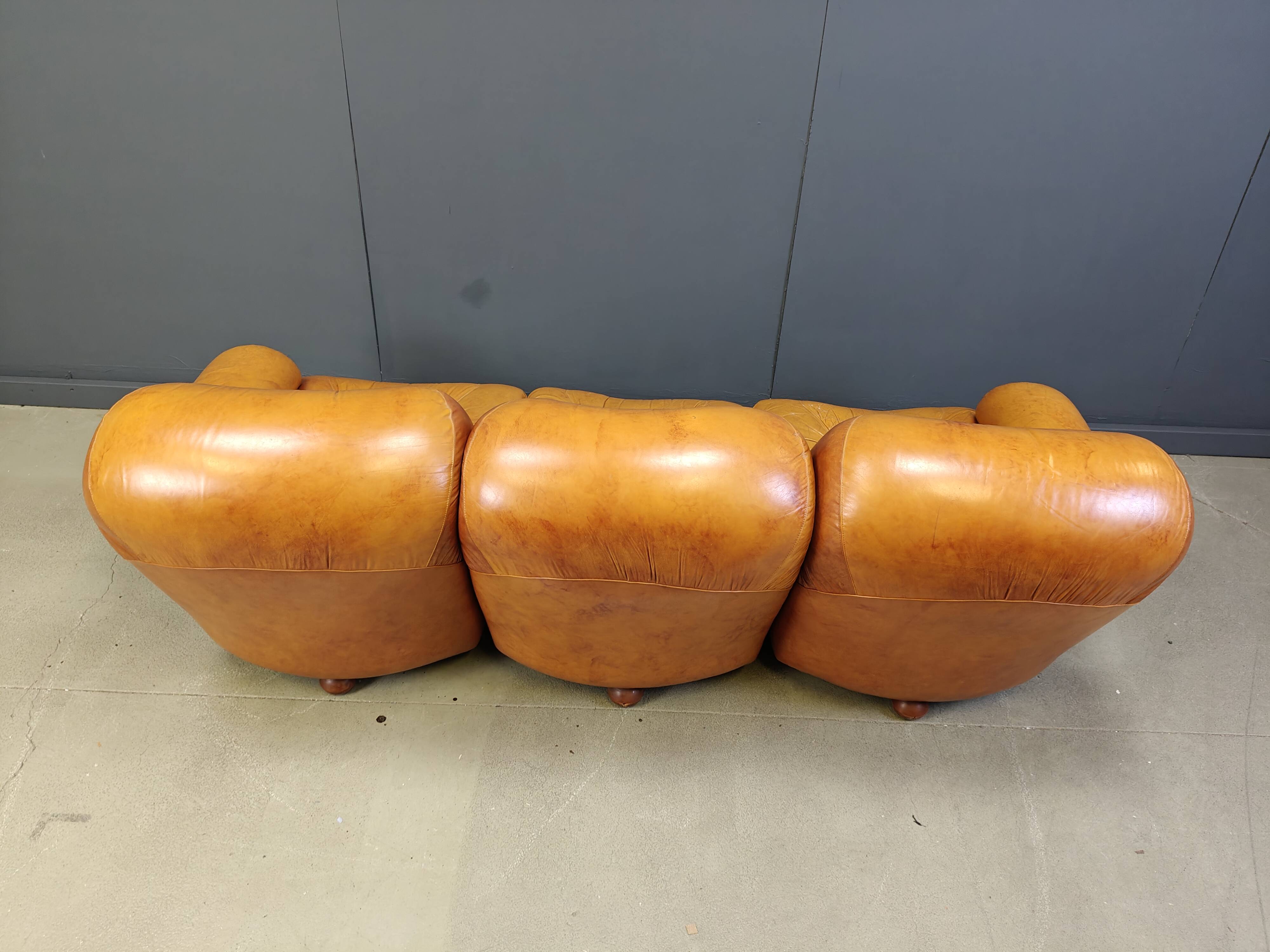 Mid century italian leather 3 seater sofa , 1970s