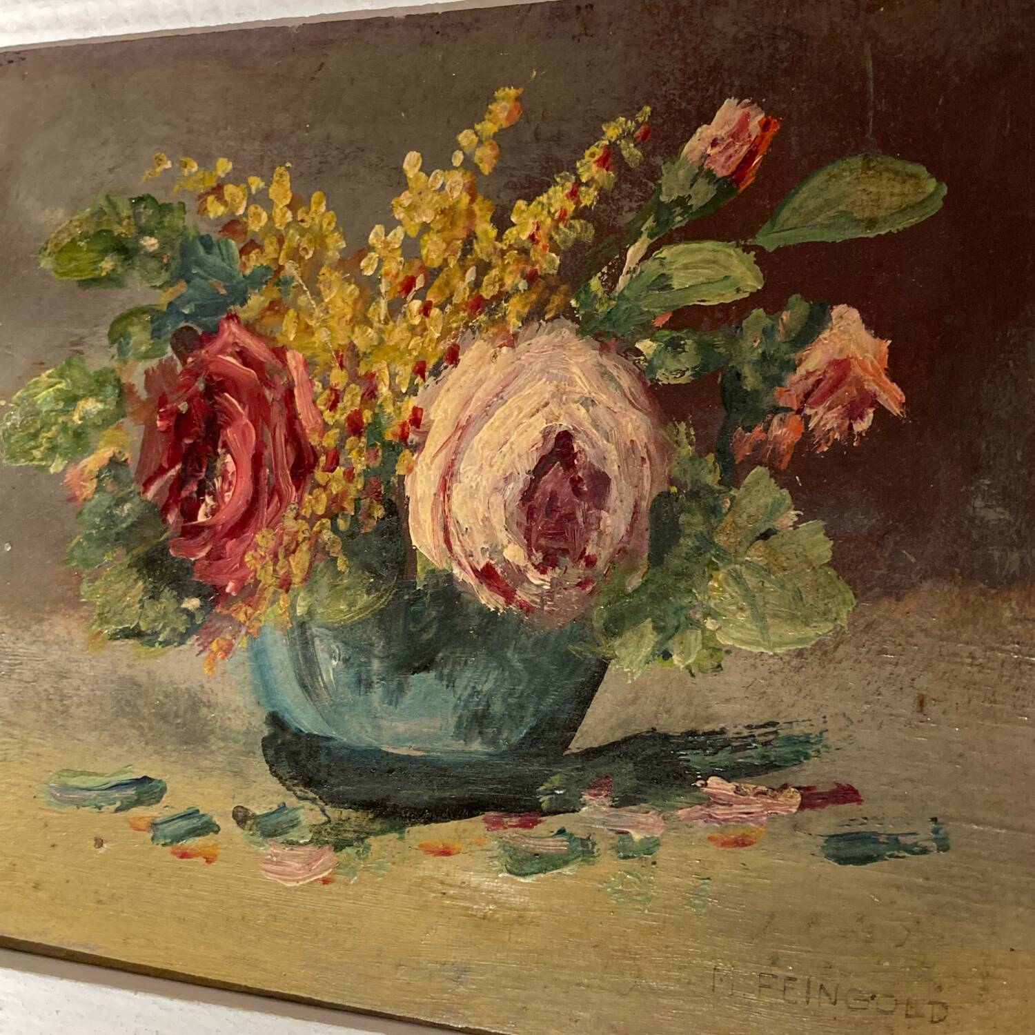 Petite huile sur panneau XXème, Chrysanthèmes