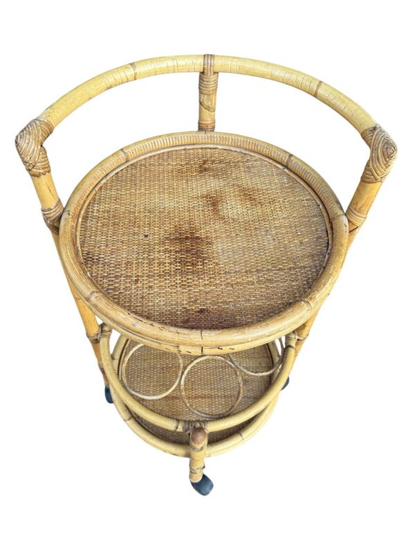 Table roulante en rotin porte bouteille des années 60