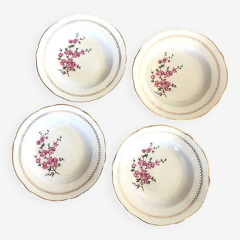 4 assiettes creuses à soupe KG Luneville modèle Florence dorées motifs fleurs de cerisiers