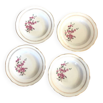 4 assiettes creuses à soupe KG Luneville modèle Florence dorées motifs fleurs de cerisiers