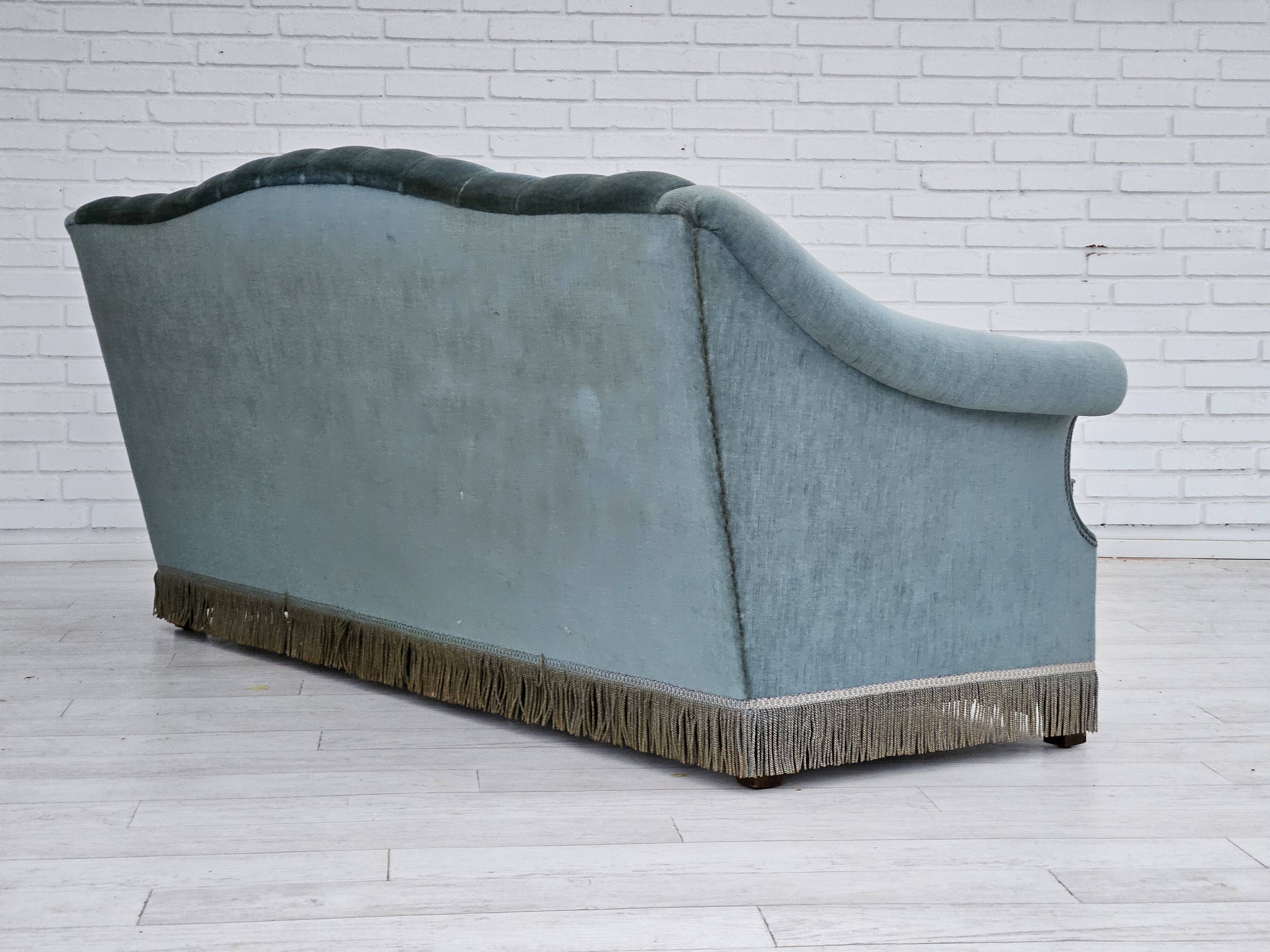 1960s, Danish 3 seater sofa, light blue velour, original good condition.