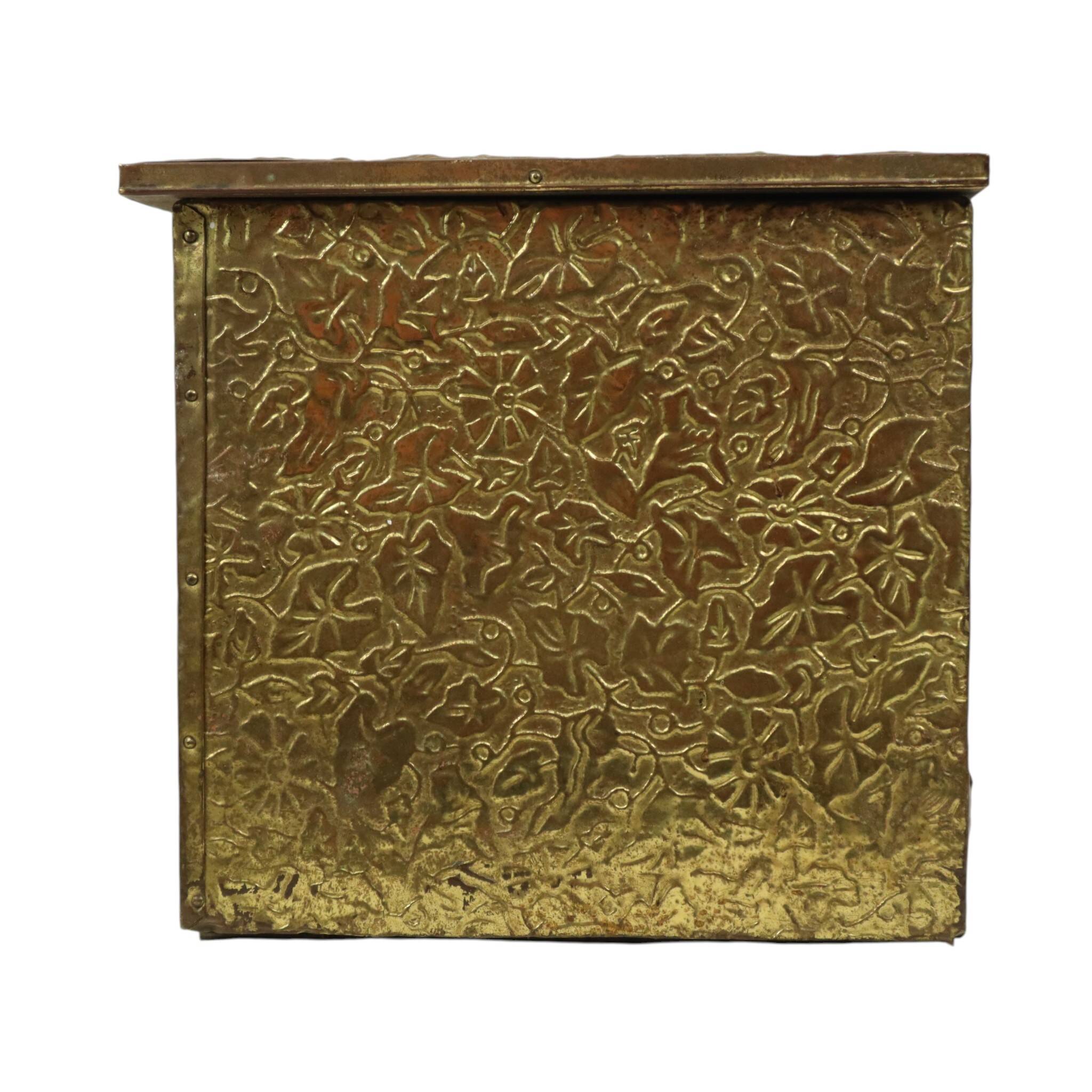 Large Repoussé Chest Coal Fireplace Brass Wood Early 20th Century