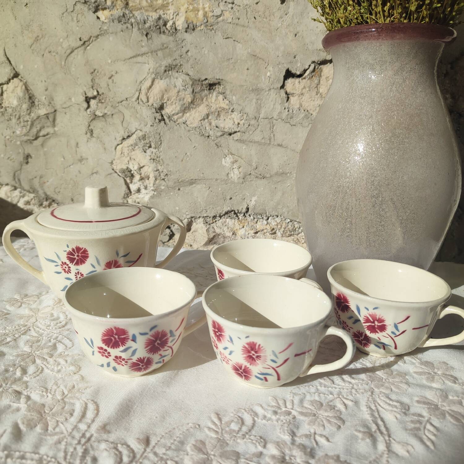 Set of 4 Badonviller Floral cups and a sugar bowl