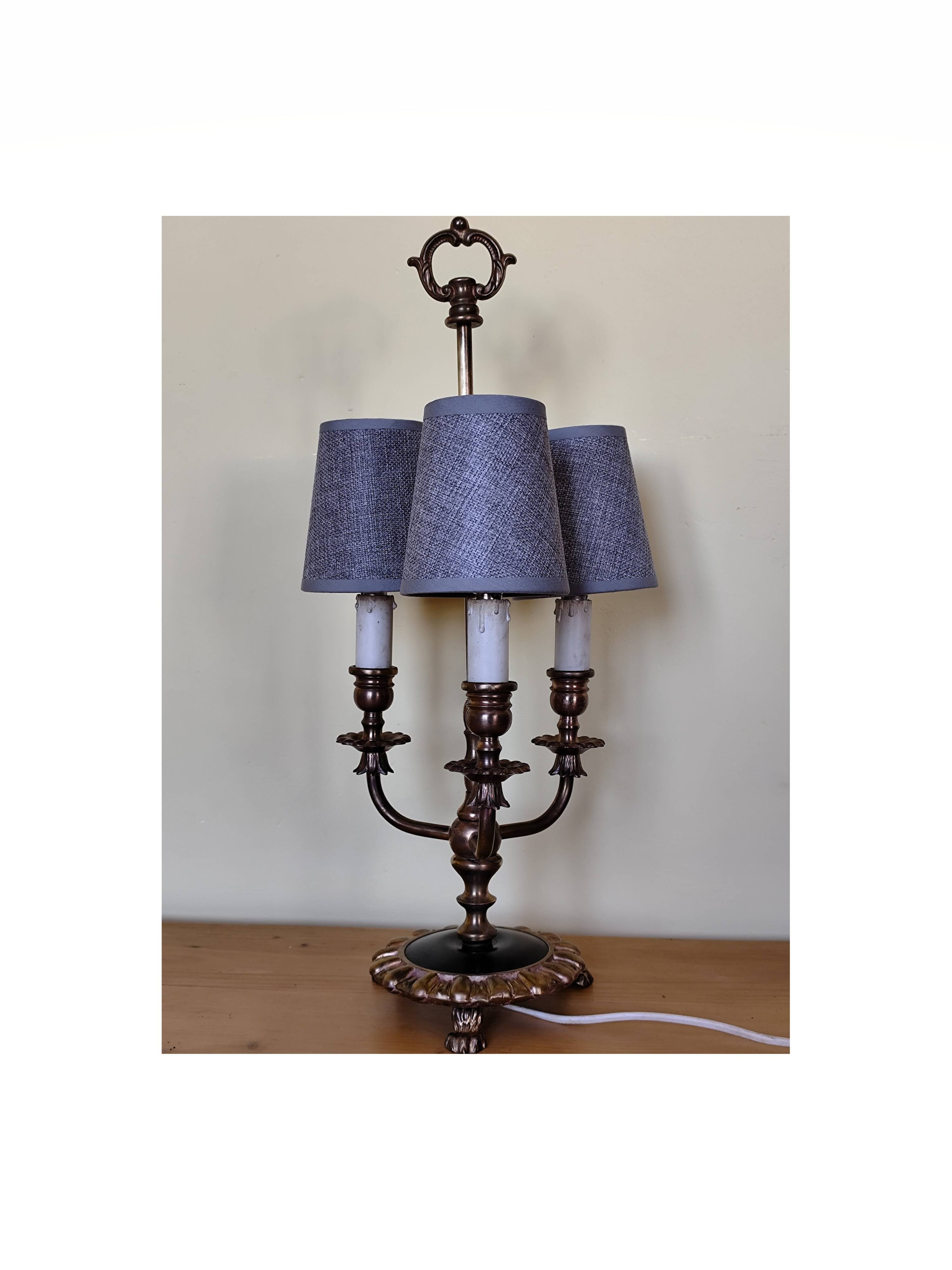 three-light candelabra lamp in metal and gilded brass, bouillotte lamp