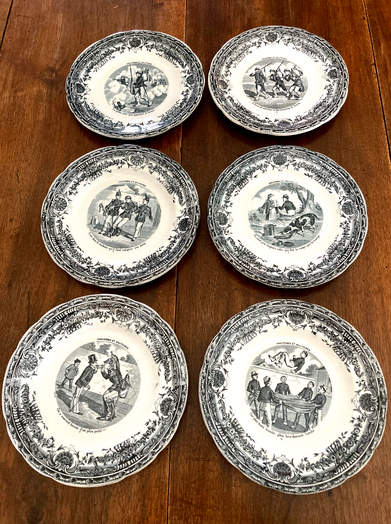 Servide 6 old dessert plates - proverbs and military - porcelain of gien