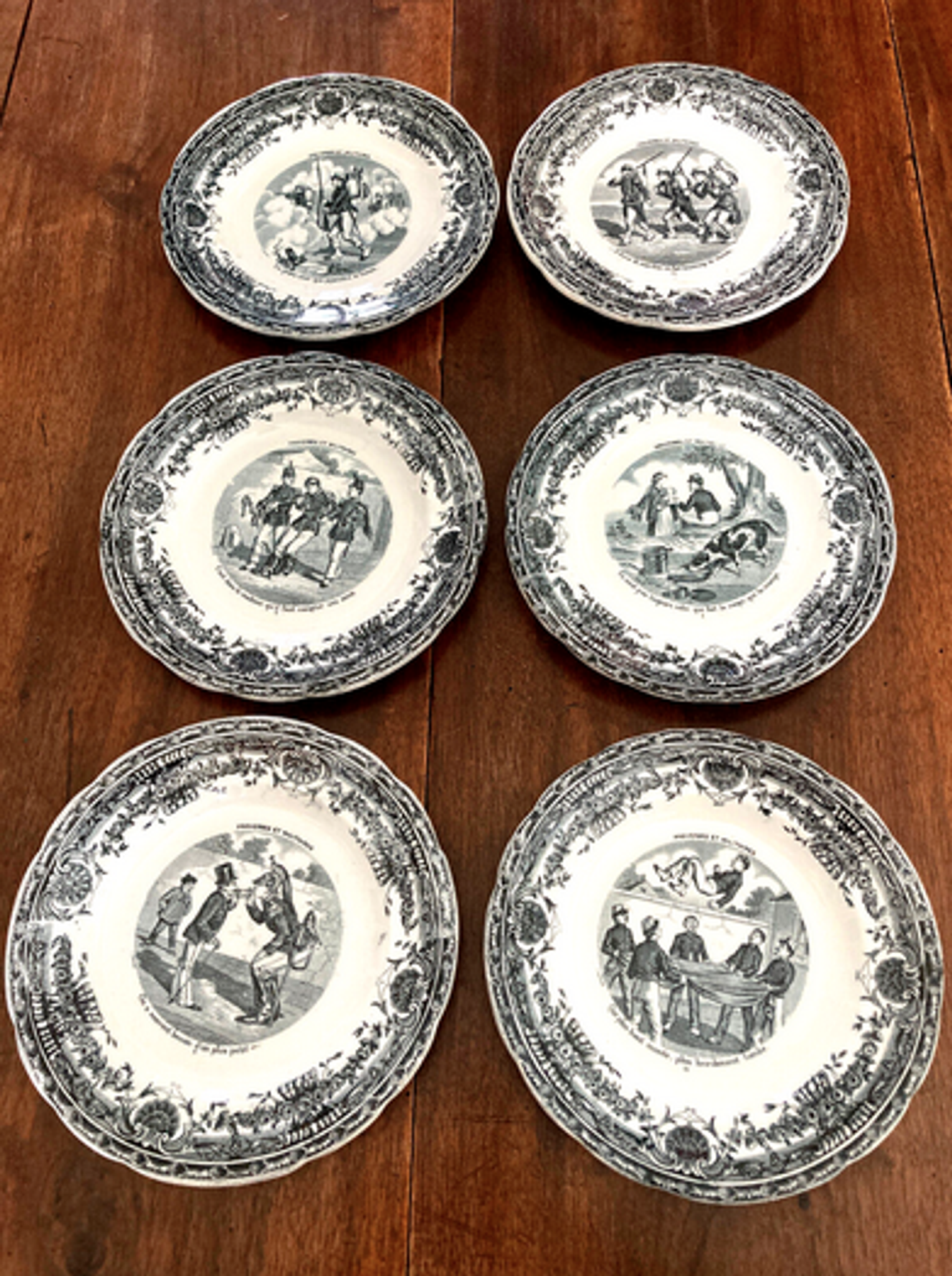 Servide 6 old dessert plates - proverbs and military - porcelain of gien