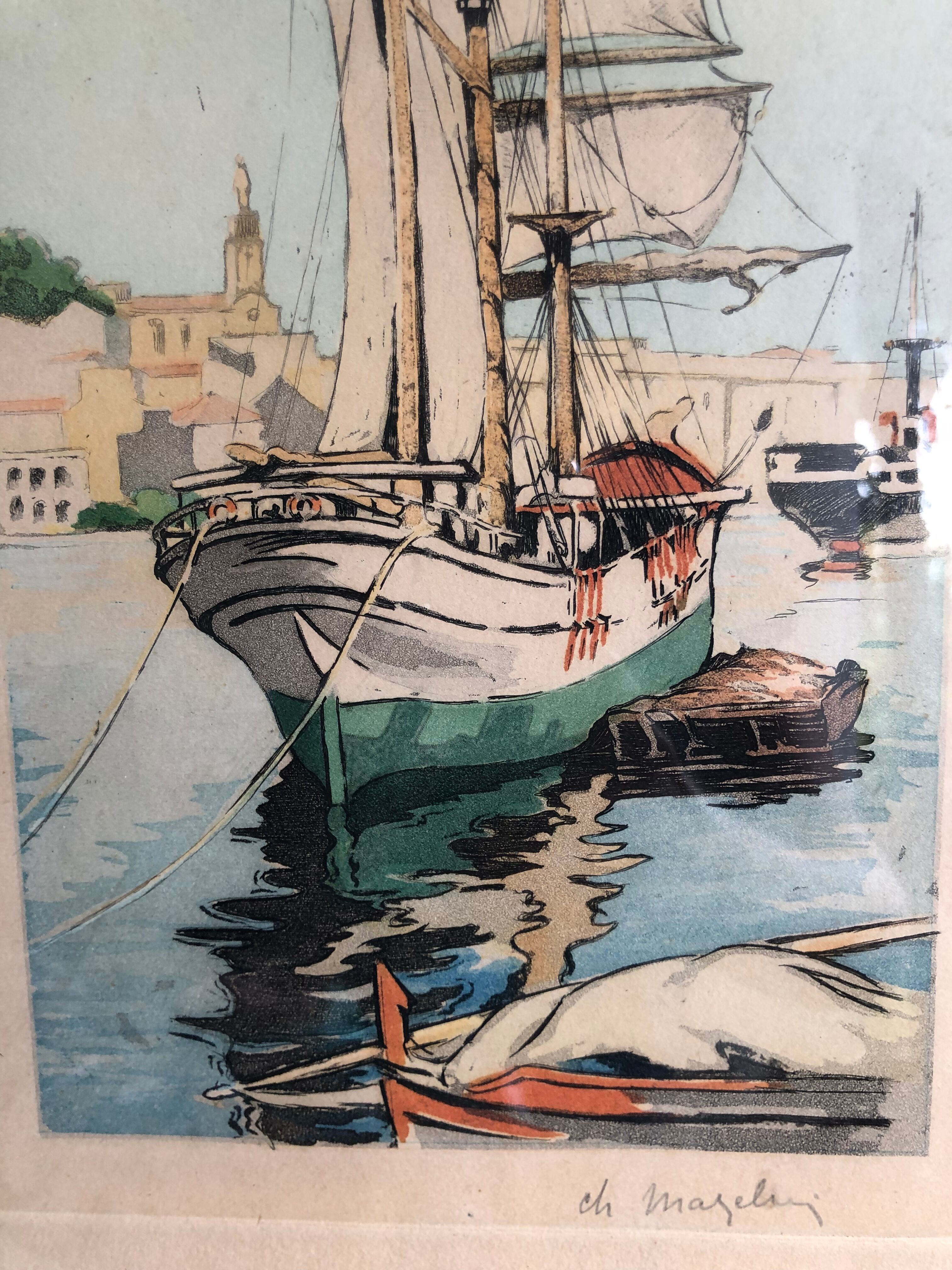 Framed engraving port landscape