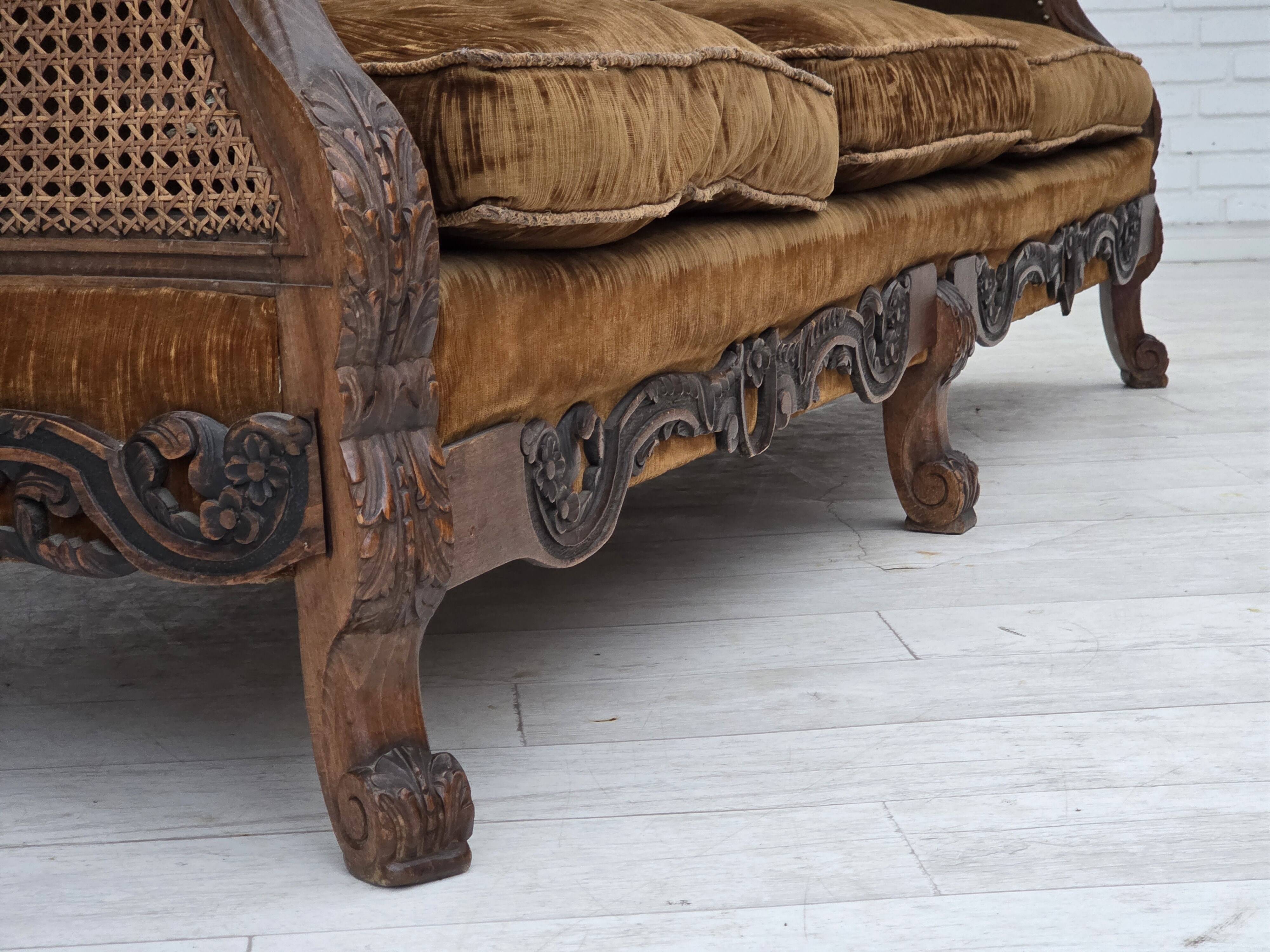 1930-35s, Danish 3-seater sofa, furniture velour, furniture mesh, ash wood.