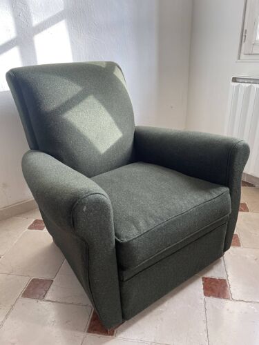 Club chair reupholstered green loden fabric