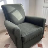 Club chair reupholstered green loden fabric