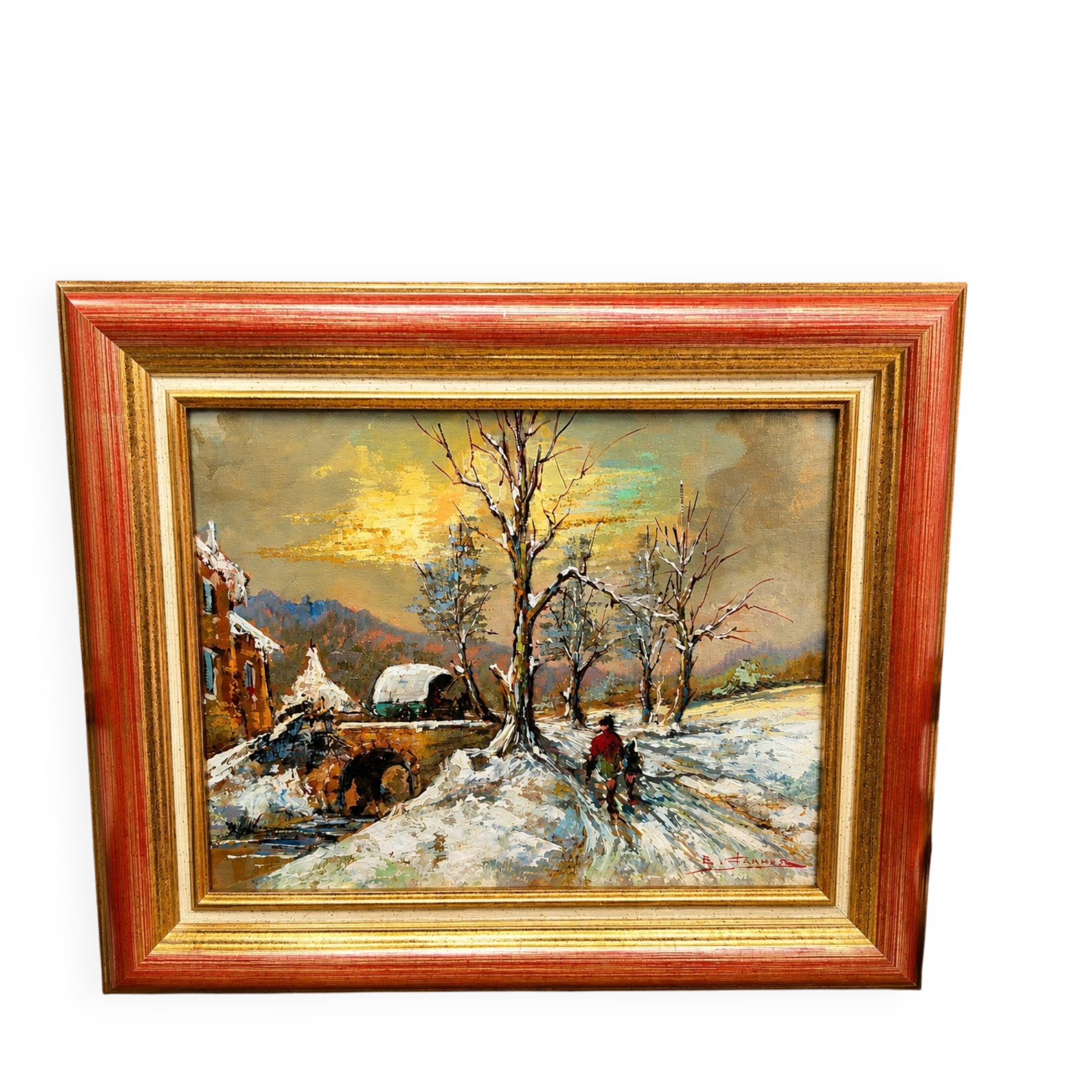 B Franco: Oil on panel depicting a snowy landscape featuring a character.