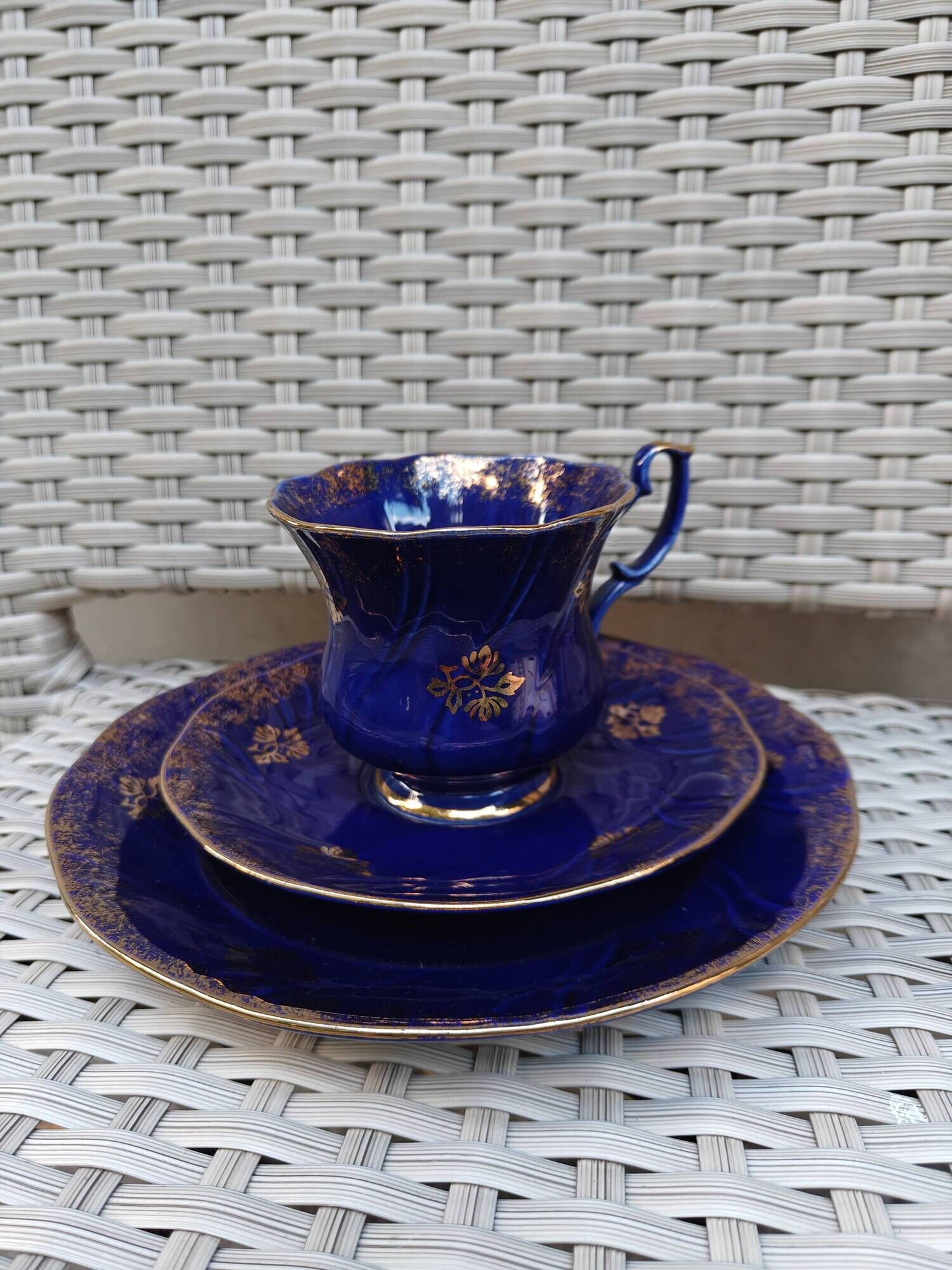 Superb Coffee/Tea Trio in Cobalt Blue & Gold Porcelain - Chodzież Poland