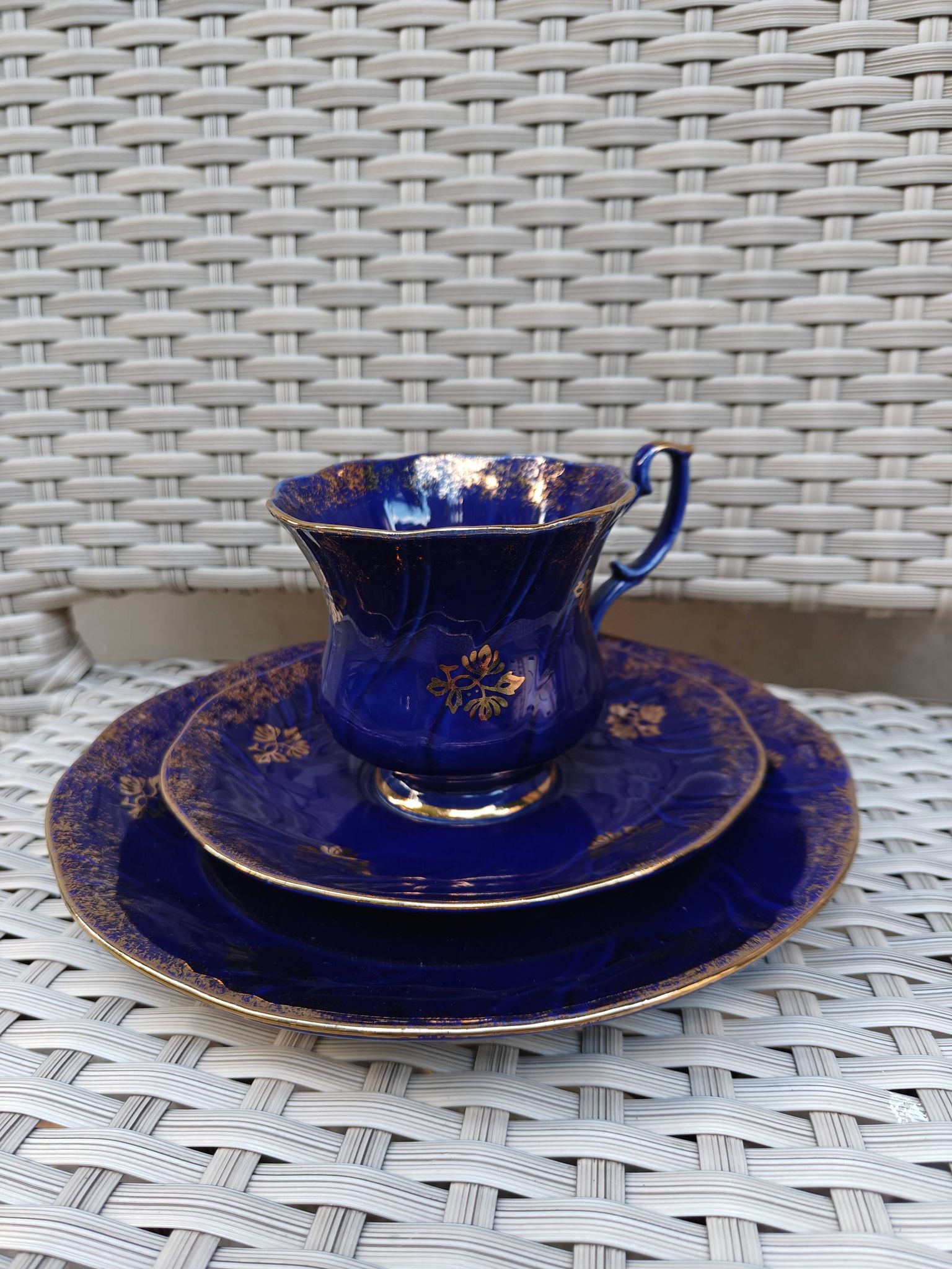 Superb Coffee/Tea Trio in Cobalt Blue & Gold Porcelain - Chodzież Poland