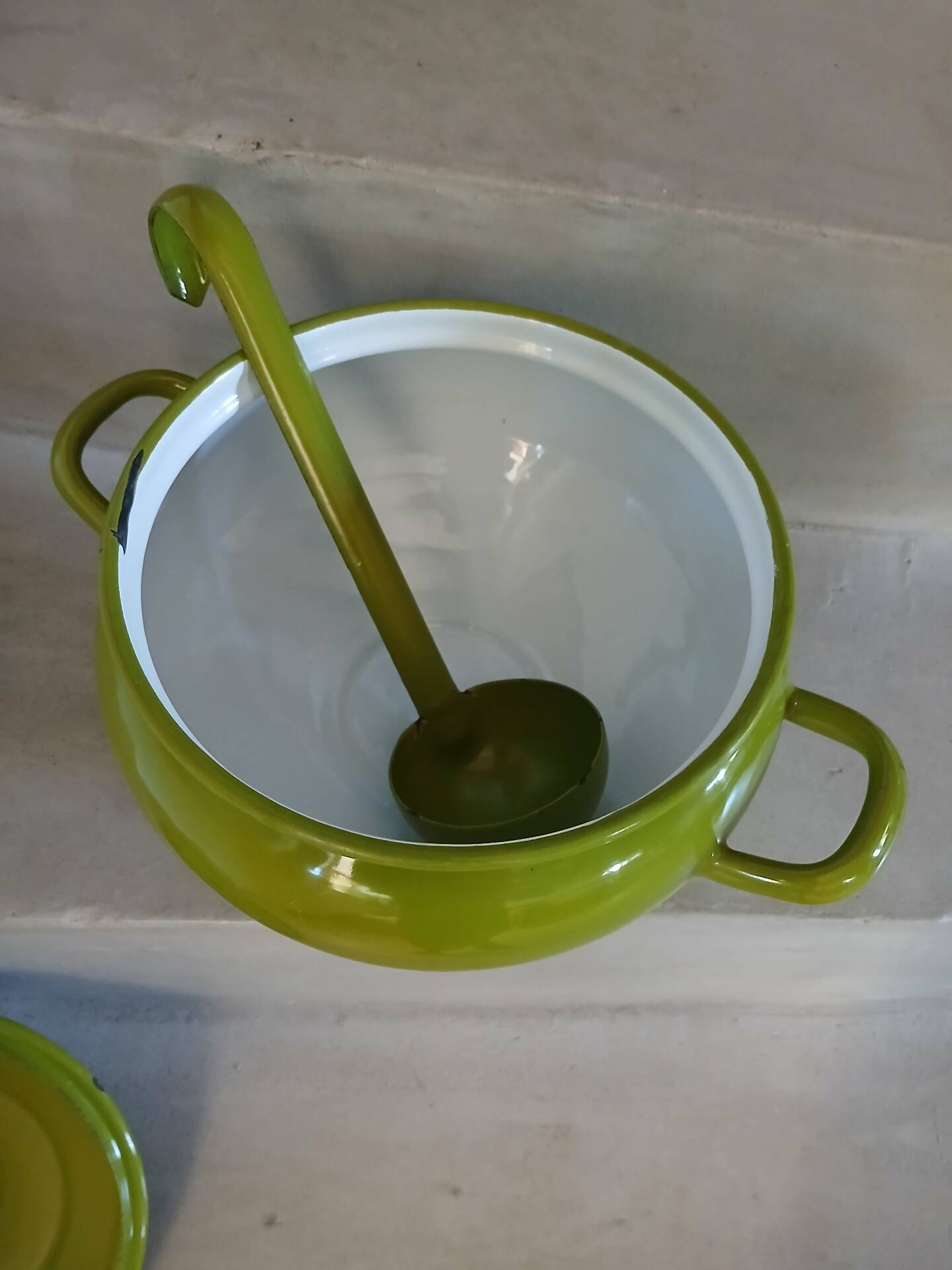 Vintage green enamelled tin soup tureen