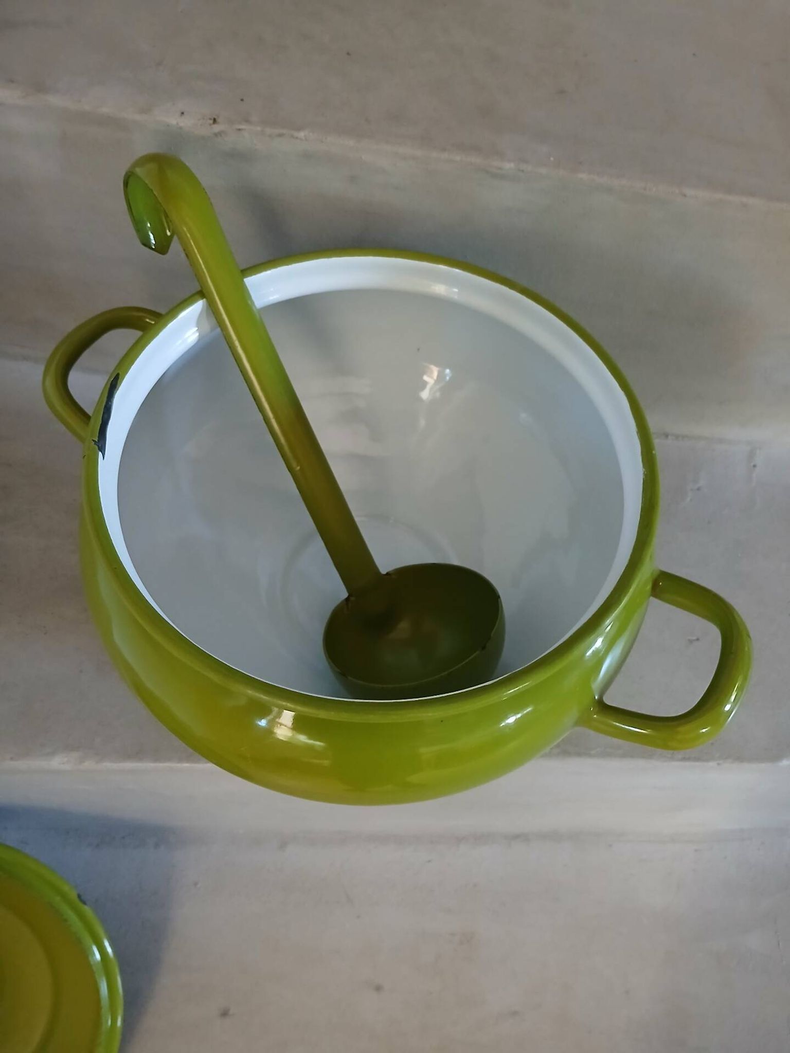 Vintage green enamelled tin soup tureen
