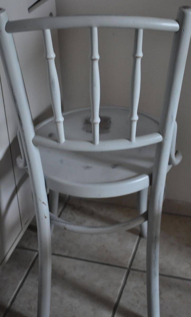 Pair of Lichtig bistro chairs in painted grey beech, pressed seat, circa 1900.