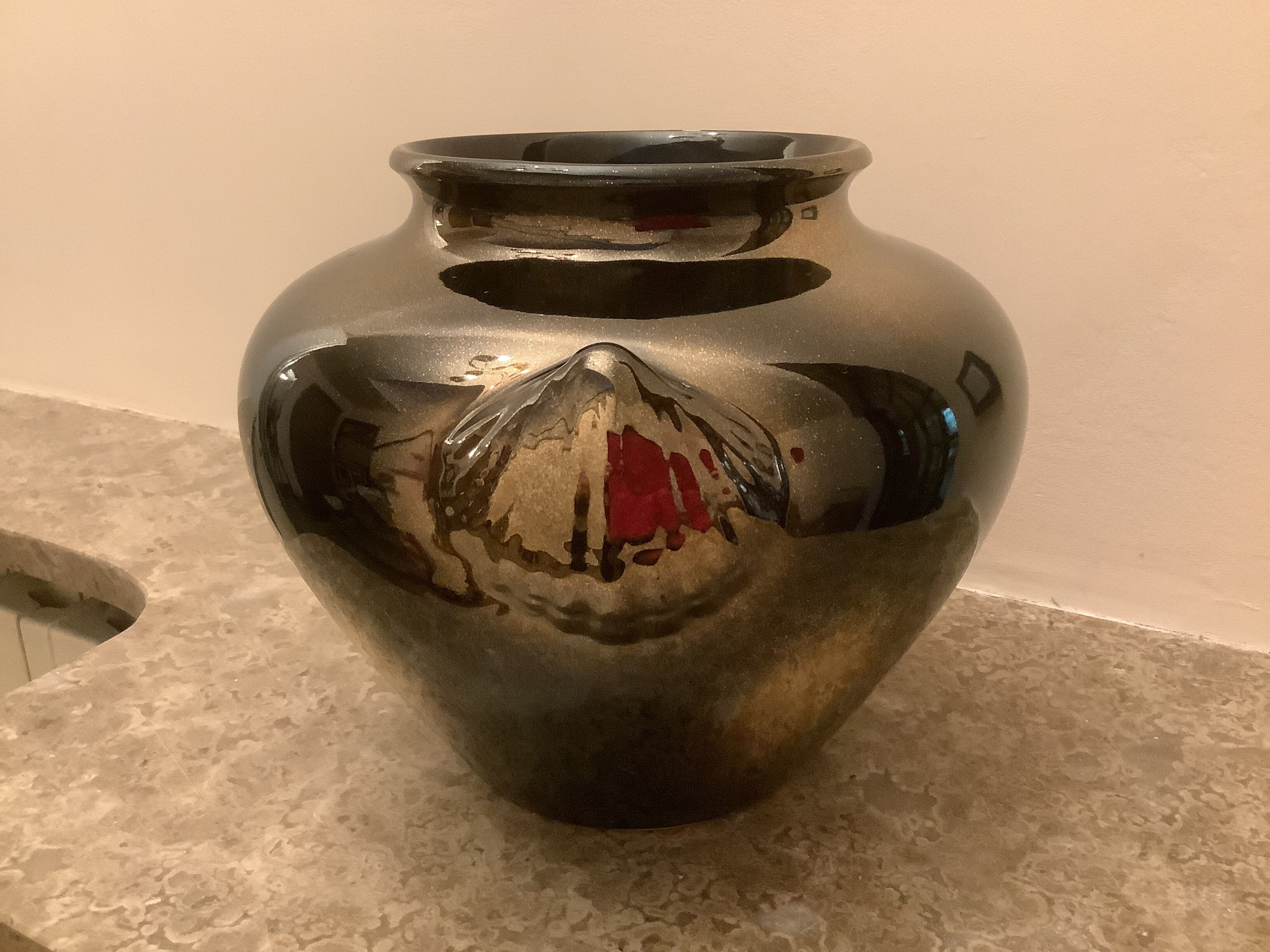 Old gilded brown iridescent vase W Germany handles scallops