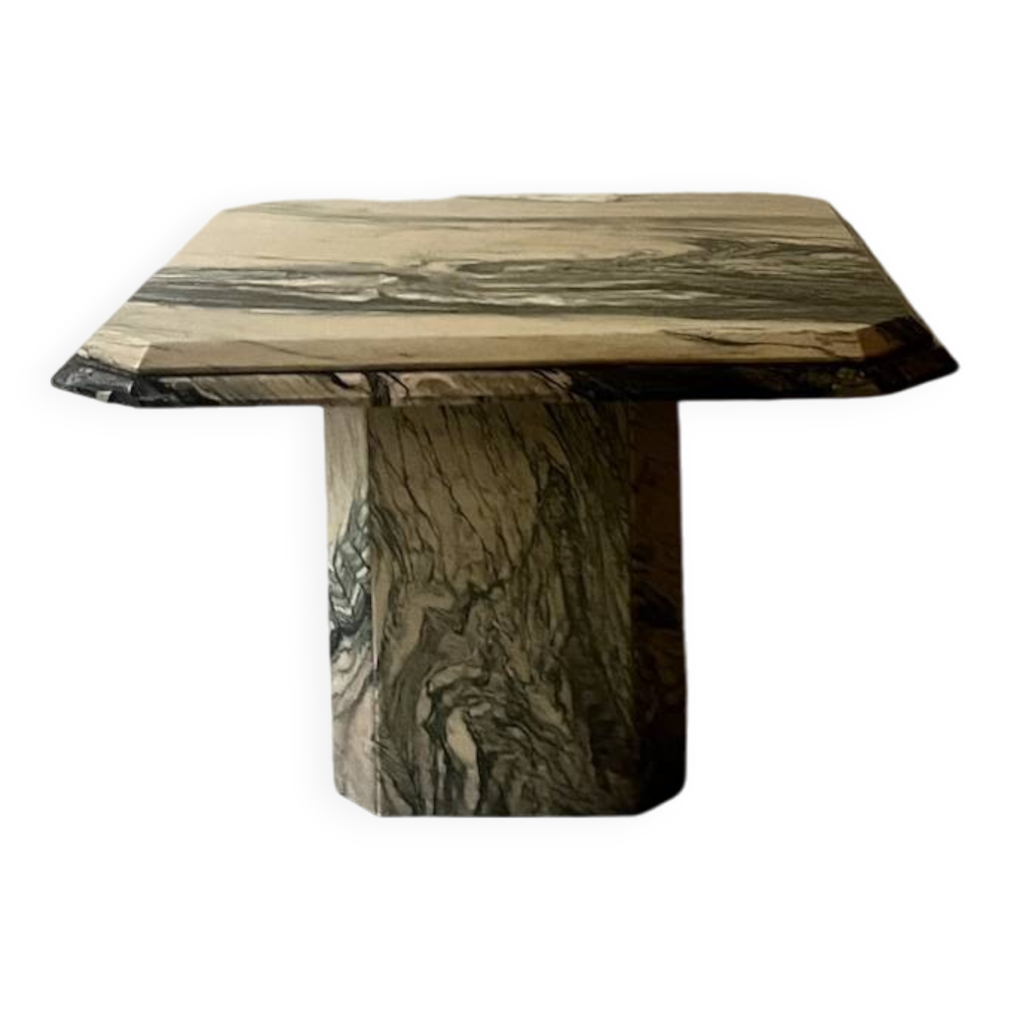 Octagonal coffee table in Italian beige/green veined marble, design 1970