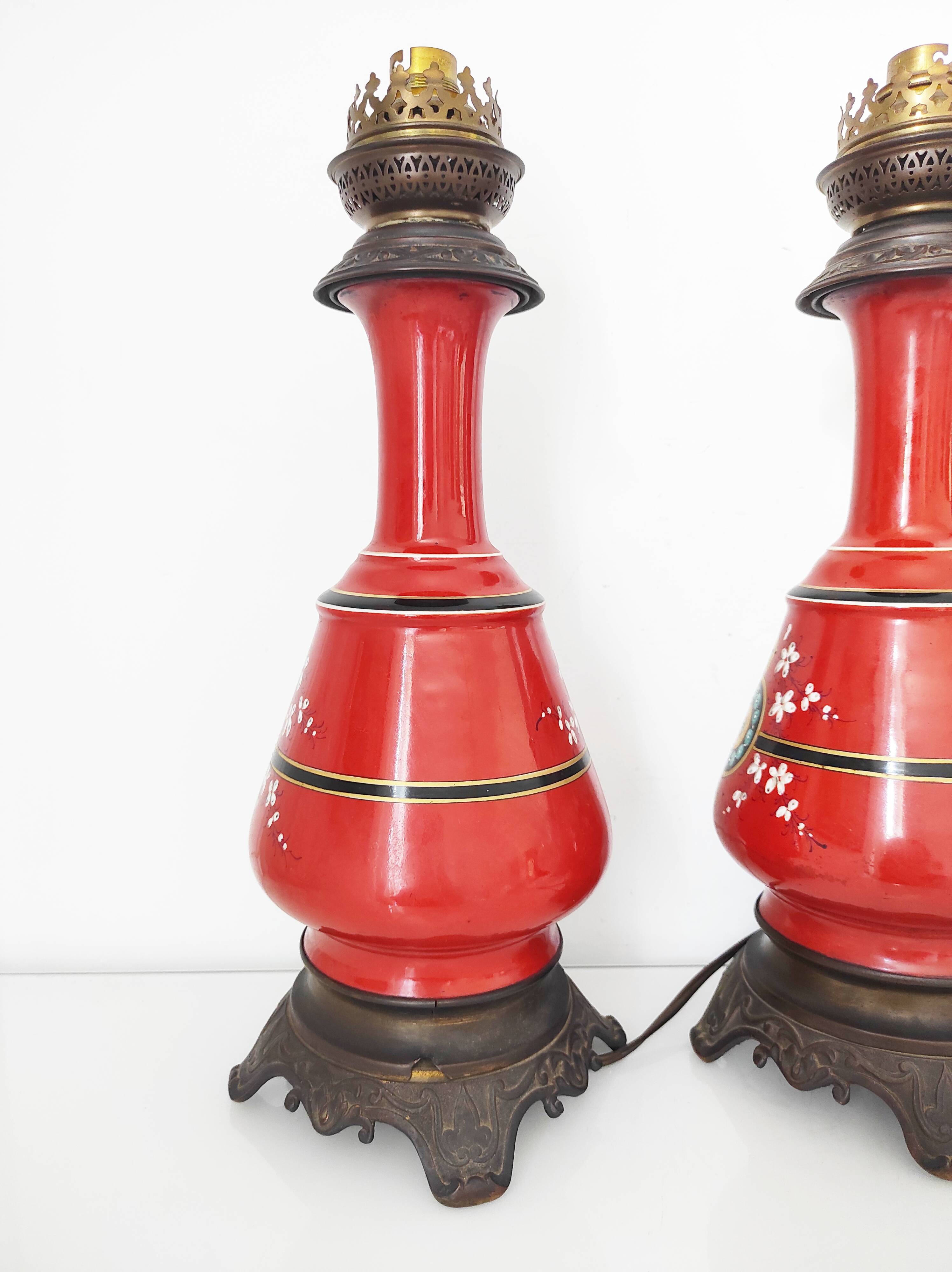 Paire de pieds de lampe rouges, 1900