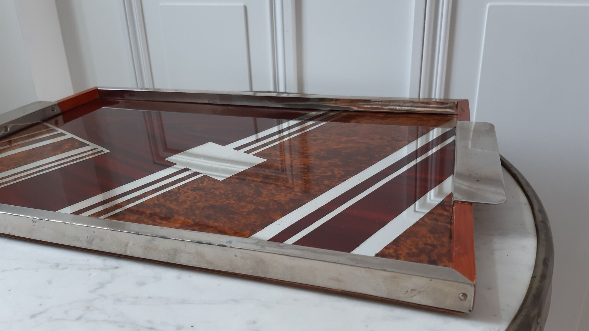 Art deco tray in wood, steel, chrome, glass and mirror 30s-40s